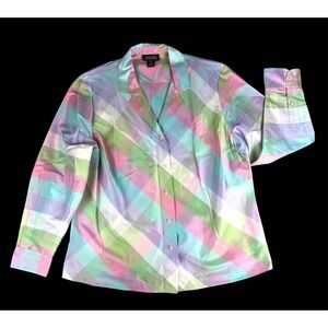 Jones New York Signature 100% Silk Plaid Button Down Blouse Pastel Multi 2X